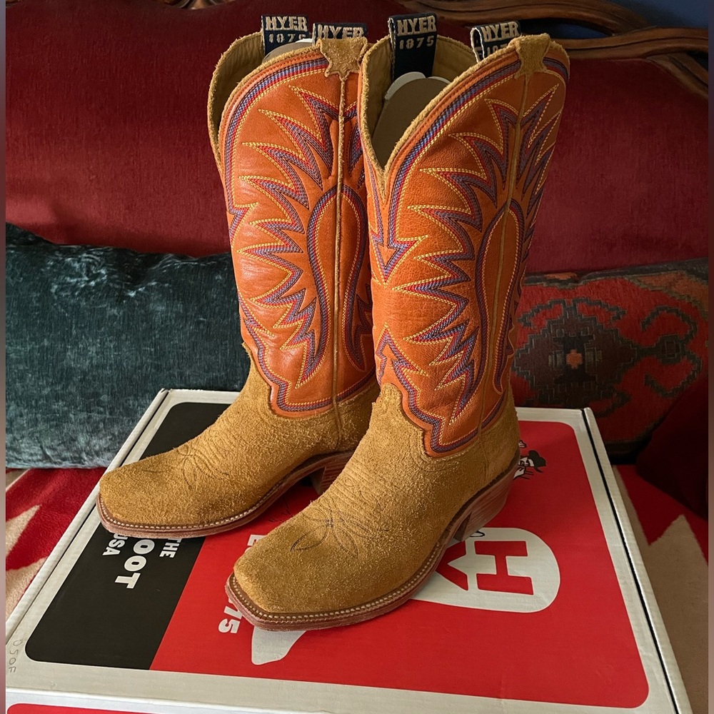 8 B Hyer Boots Rose Hill Broad Square Toe Roughout Leather Bronze Tangerine 8 B